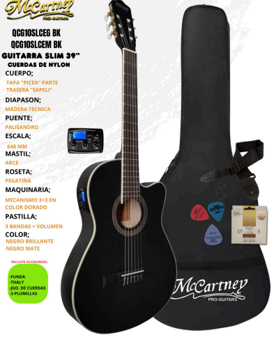 MCCARTNEY | GUITARRA ELECTROACUSTICA COLOR NEGRO BRILLANTE CON CUERDAS DE NYLON