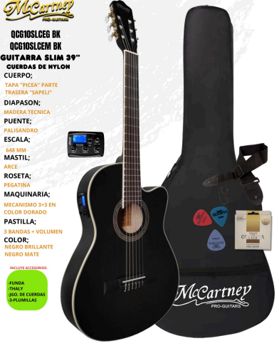 MCCARTNEY | GUITARRA ELECTROACUSTICA COLOR NEGRO MATTE CON CUERDAS DE NYLON