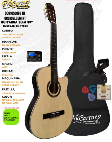 MCCARTNEY | GUITARRA ELECTROACUSTICA COLOR NATURAL BRILLANTE CON CUERDAS DE NYLON