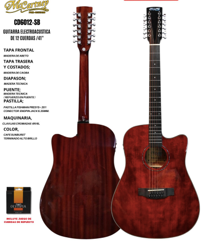 MCCARTNEY | GUITARRA ELECTROACUSTICA DE 12 CUERDAS ALTO BRILLO CAFE SOMBREADO
