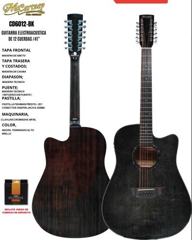 MCCARTNEY | GUITARRA ELECTROACUSTICA DE 12 CUERDAS ALTO BRILLO COLOR NEGRO