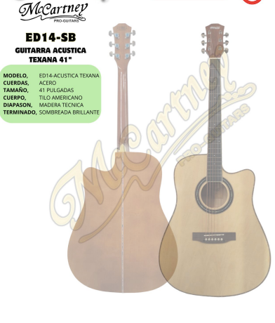 MCCARTNEY | GUITARRA ACUSTICA TEXANA 41 PULGADAS COLOR SUNBURST BRILLANTE