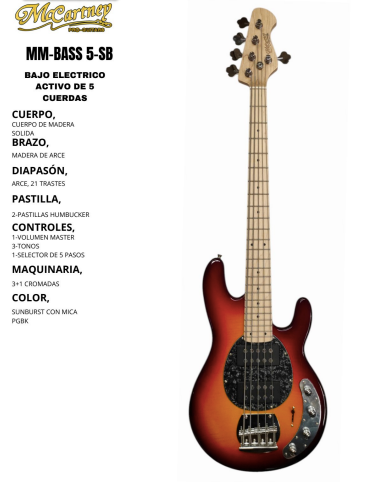 MCCARTNEY | BAJO ELECTRICO ACTIVO MM DE 5 CUERDAS,COLOR SUNBURST