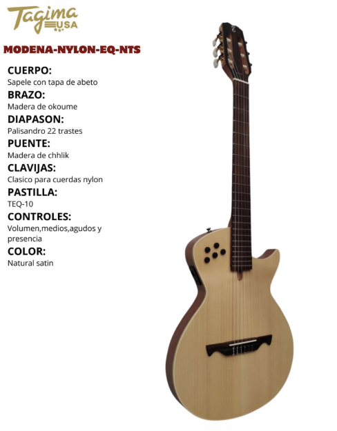 GUITARRA ELECTROACÚSTICA MODENA NYLON, CUERPO DE SAPELI, TAPA DE ARCE FLAMEADO, DIAPASÓN PALISANDRO, PASTILLA TEQ-10 CON AFINADOR, MAQUINARIA CLÁSICA