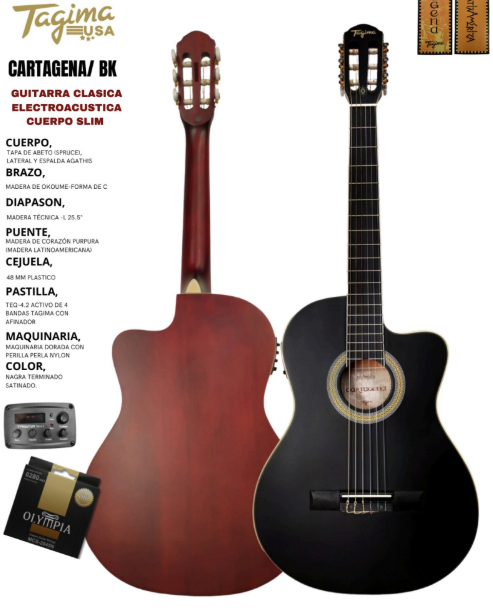 TAGIMA | GUITARRA ELECTROACÚSTICA SLIM NYLON SERIE LATAM, COLOR NEGRO
