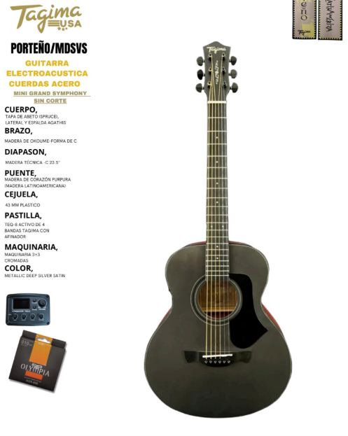 TAGIMA | GUITARRA ELECTROACÚSTICA SERIE LATAM COLOR METLLIC DEEP SILVER SATIN