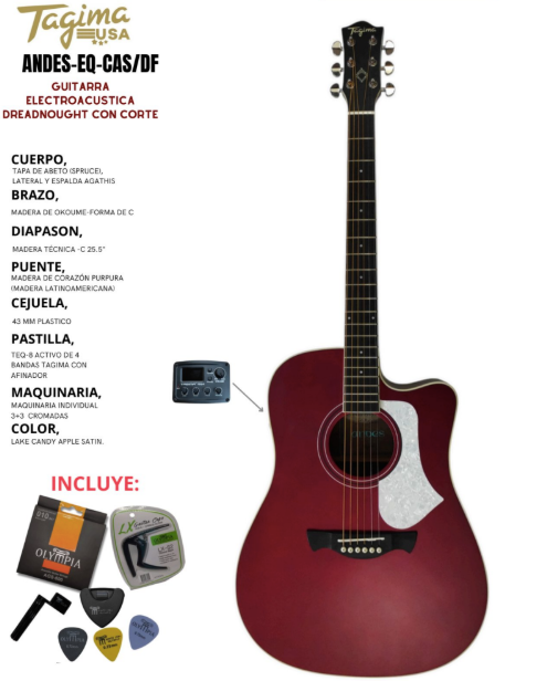 TAGIMA | GUITARRA ELECTROACÚSTICA SERIE LATAM COLOR LAKE CANDY APPLE SATIN