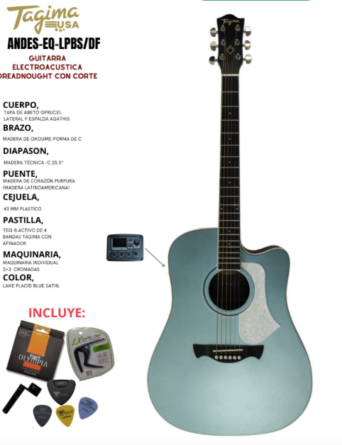 TAGIMA | GUITARRA ELECTROACÚSTICA SERIE LATAM COLOR LAKE PLACID BLUE SATIN