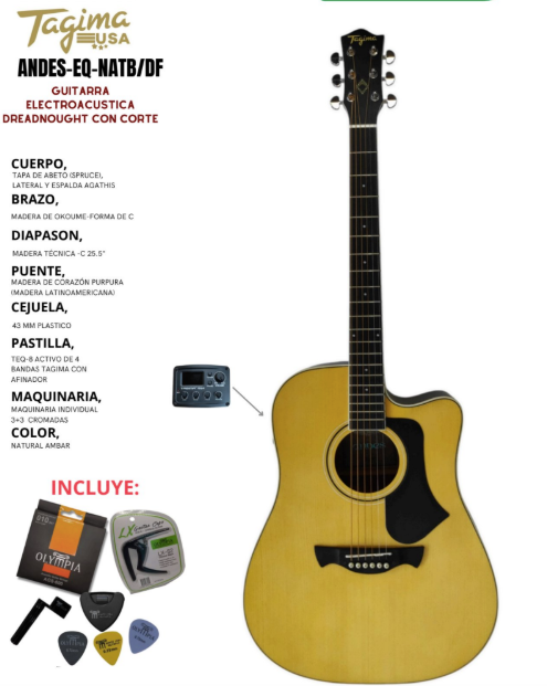 TAGIMA | GUITARRA ELECTROACÚSTICA SERIE LATAM COLOR NATURAL AMBER