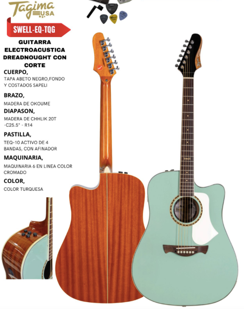 TAGIMA | GUITARRA ELECTROACUSTICA TAGIMA SWELL ACERO COLOR TURQUESA