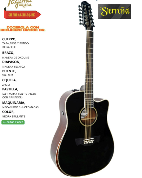 TAGIMA | GUITARRA ELECTRO ACÚSTICA DE 12 CUERDAS COLOR NEGRO