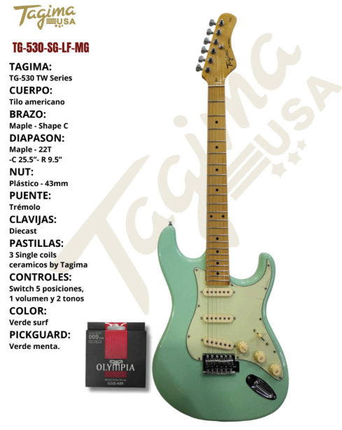 TAGIMA | GUITARRA ELECTRICA TIPO ST, COLOR  SURF GREEN CON MICA BLANCA