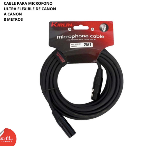KIRLIN | CABLE NEGRO LISO PARA MICROFONO, CANON MACHO A CANON HEMBRA 8 METROS