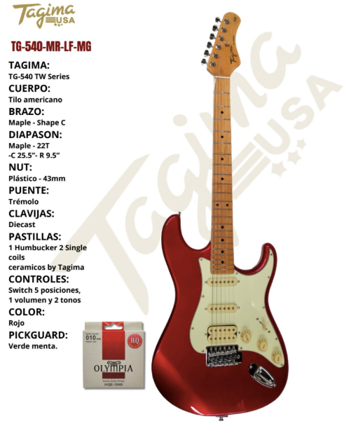 TAGIMA | GUITARRA ELECTRICA  TIPO ST, COLOR ROJO METALICO CON MICA VINO