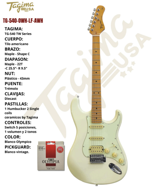 TAGIMA | GUITARRA ELECTRICA TIPO ST , COLOR BLANCO OLIMPICO