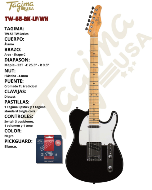 TAGIMA | GUITARRA ELECTRICA SERIE TW,  COLOR NEGRO MICA BLANCA