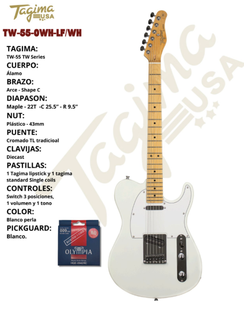 TAGIMA | GUITARRA ELECTRICA SERIE TW,  COLOR BLANCA MICA BLANCA