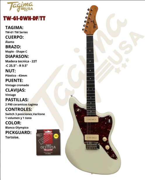 TAGIMA | GUITARRA ELECTRICA SERIE TW, COLOR BLANCO MICA VINO, CUERPO ALAMO AMERICANO, CABEZA Y BRAZO DE MAPLE, DIAPSON MADERA TECNICA 22 TRASTES