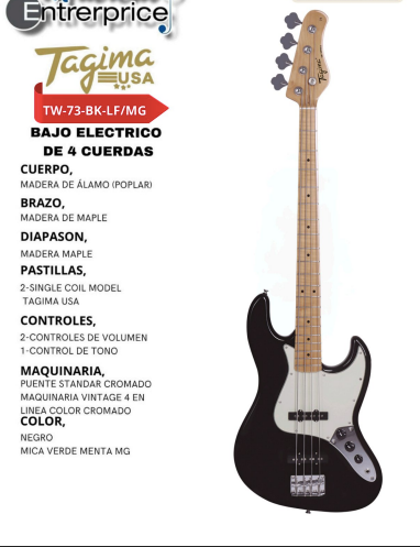 TAGIMA | BAJO ELECTRICO 4 CUERDAS TIPO JAZZ BASS, COLOR NEGRO