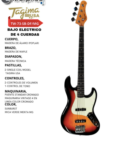 TAGIMA | BAJO ELECTRICO 4 CUERDAS TIPO JAZZ BASS, COLOR SOMBREADO