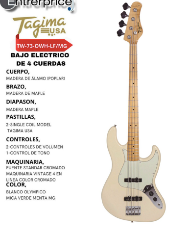 TAGIMA | BAJO ELECTRICO 4 CUERDAS TIPO JAZZ BASS, COLOR BLANCO OLYMPICO