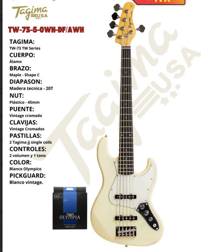 TAGIMA | BAJO ELECTRICO 5 CUERDAS COLOR  BLANCO OLIMPICO,
