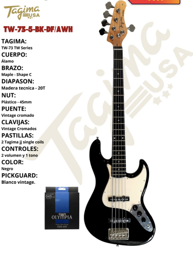 TAGIMA | BAJO ELECTRICO 5 CUERDAS COLOR NEGRO