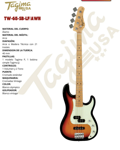 TAGIMA | BAJO ELECTRICO 4 CUERDAS TIPO JAZZ BASS, SOMBREADO CON MICA