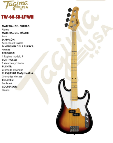 TAGIMA | BAJO ELECTRICO 4 CUERDAS TIPO JAZZ BASS, COLOR SOMBREADO