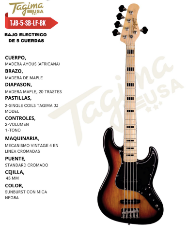 TAGIMA | BAJO ELECTRICO 5 CUERDAS, COLOR SOMBREADO CON MICA NEGRA