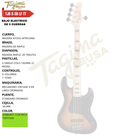 TAGIMA | BAJO ELECTRICO 5 CUERDAS, COLOR SOMBREADO CON MICA VINO