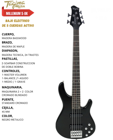 TAGIMA | BAJO DE 5 CUERDAS CLASSIC COLOR NEGRO