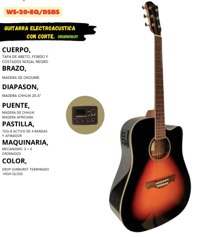 TAGIMA | GUITARRA ELECTROACUSTICA CON CORTE, SERIE WALNUT, COLOR SOMBREADO