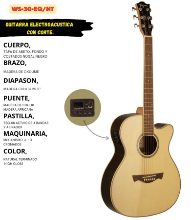 TAGIMA | GUITARRA ELECTROACUSTICA CON CORTE, SERIE WALNUT, COLOR NATURAL