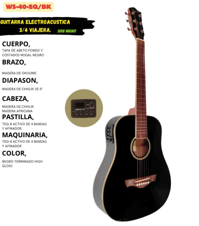 TAGIMA | GUITARRA ELECTROACUSTICA DE VIAJE 3/4, SIN CORTE, SERIE WALNUT, COLOR NEGRO BRILLANTE