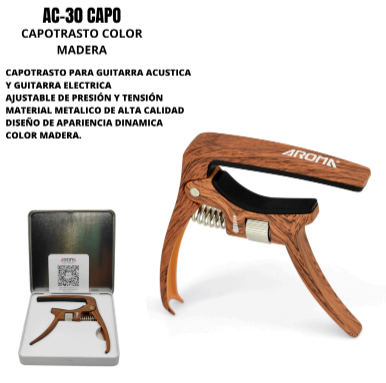 AROMA | CAPO AJUSTABLE PARA GUITARRA ACÚSTICA Y ELÉCTRICA. COLOR MADERA