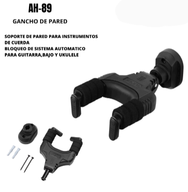 AROMA | COLGADOR AROMA AH-89 PARA GUITARRAS, BAJOS, UKELELES Y VIOLINES. DISEÑO DE BLOQUEO AUTOMÁTICO Y COJÍN EVA PARA PROTECCIÓN. MATERIAL DE NYLON Y METAL