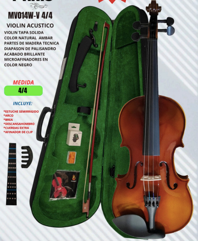 PARIS | VIOLÍN CON TAPA MACIZA, ACABADO BRILLANTE EN COLOR NATURAL ÁMBAR. INCLUYE AFINADOR DE CLIP, CUERDAS EXTRA, DESCANSAHOMBRO, BREA, SORDINA, PEGATINA PARA BRAZO, ARCO Y ESTUCHE SEMIRRÍGIDO.