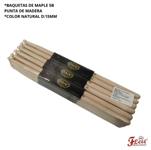 FLEET MUSIC | BAQUETAS DE MAPLE PUNTA DE MADERA MEDIDA 5B COLOR NATURAL