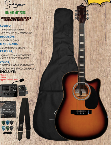 SMIGER | GUITARRA ELECTROACUSTICA DE 6 CUERDAS TIPO TEXANA. COLOR SUNBURST