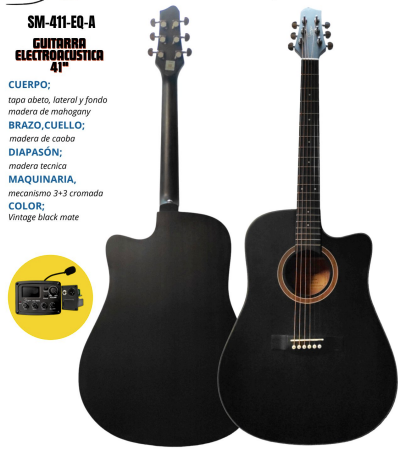 SMIGER | GUITARRA ELECTROACÚSTICA TEXANA CON CORTE DE 41 PULGADAS, EQ (S-Q4-MIC) CUERPO: TAPA SUPERIOR ABETO, TAPA INFERIOR Y COSTADOS MAHOGANY DIAPASON: MADERA TÉCNICA MAQUINARIA: 3+3 ACABADO: VINTAGE BACK MATE