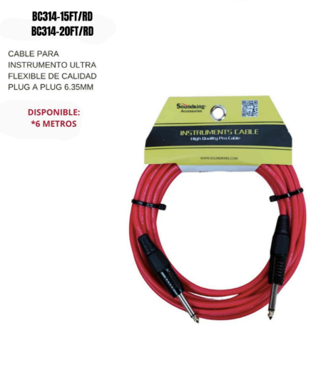 SOUNDKING | CABLE PARA INSTRUMENTO ULTRA FLEXIBLE PLUG A PLUG 6.3MM. 4.6 MTS. COLOR ROJO