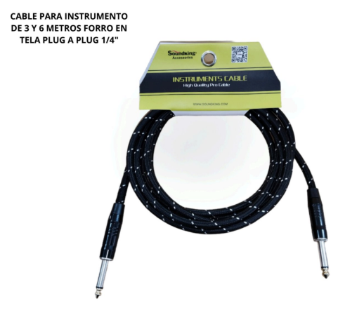 SOUNDKING | CABLE PARA INSTRUMENTO DE 3 METROS CUBIERTO DE TELA FLEXIBLE, PLUG A PLUG DE 1/4" METALICOS EN COLOR NEGRO