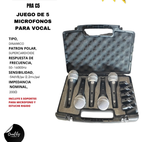 SUPERLUX | JUEGO DE 5 MICROFONOS SUPERCARDIOIDE,DINAMICO IMPEDANCIA NOMINAL 200 OHM, INCLUYE 5 SOPORTES FLEXIBLES Y ESTUCHE RIGIDO.