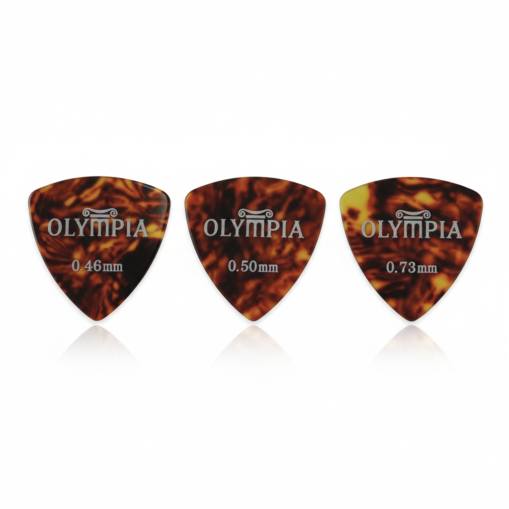 OLYMPIA | PLUMILLAS DE CELULOIDE EN FORMA DE TRIANGULO, COLOR TORTOISE, 0.073MM. PAQUETE DE 20 PIEZAS.