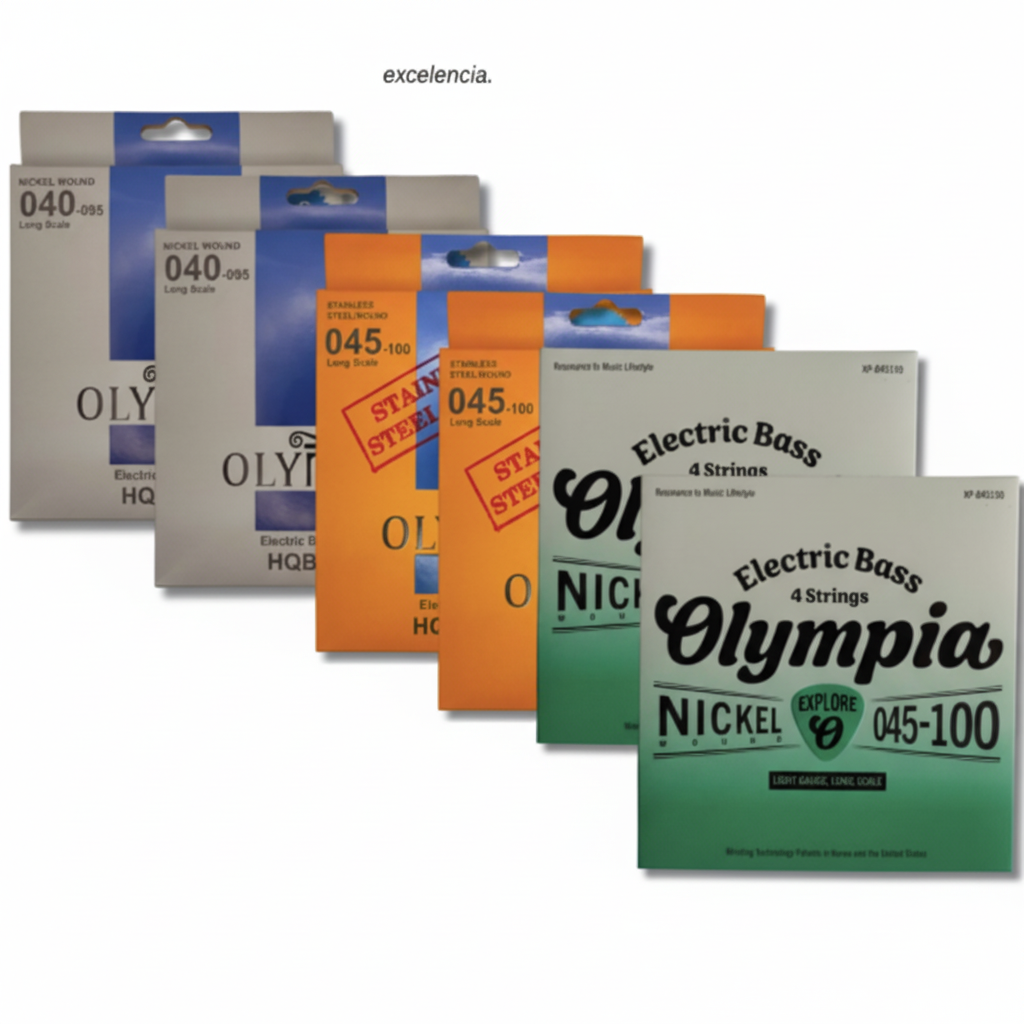 OLYMPIA | CAJA CON 3 DIFERENTES MODELOS DE CUERDA PARA BAJO, MIXEADA CON 2 PZAS EN 3 MODELOS DIFERENTES PARA 4 CUERDAS EN DISTINTOS CALIBRES