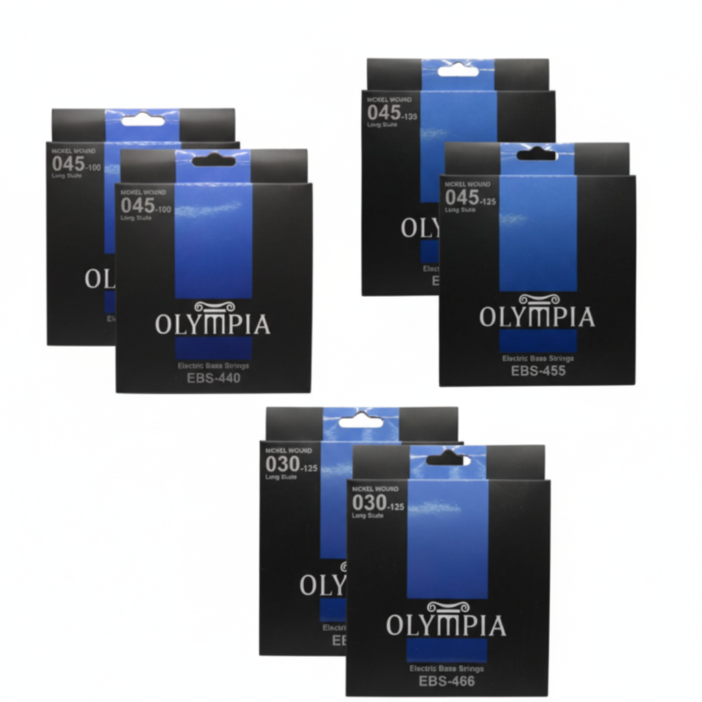 OLYMPIA | CAJA CON 3 DIFERENTES MODELOS DE CUERDA PARA BAJO, MIXEADA CON 2 PZAS EN 3 MODELOS DIFERENTES PARA 4-5-6 CUERDAS