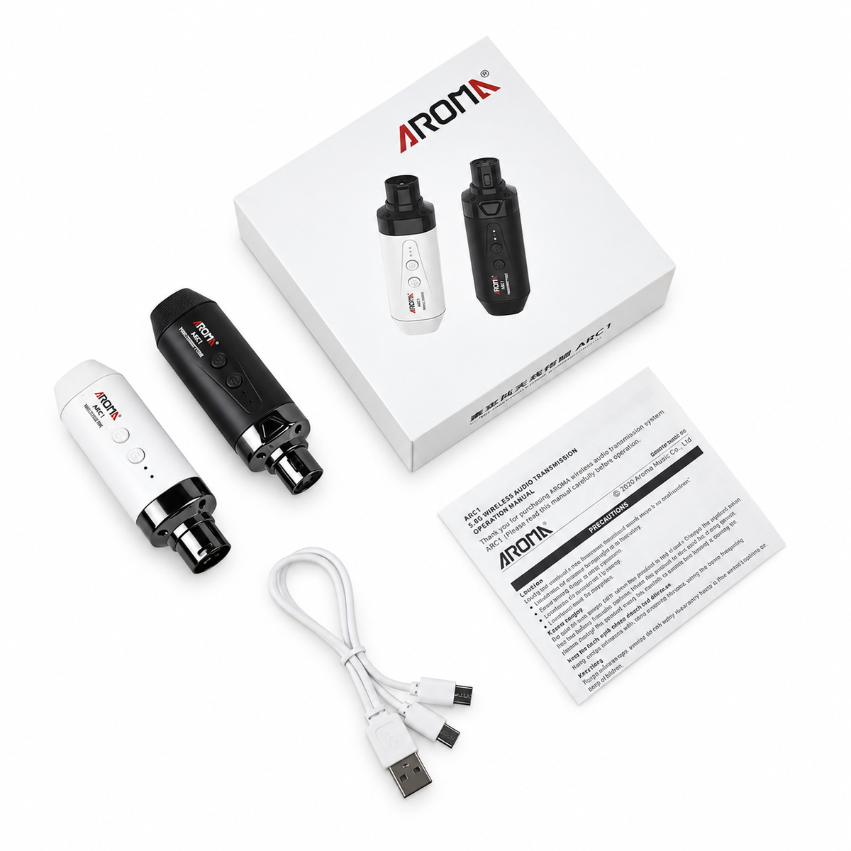Aroma sistema inalámbrico ARC1 para micrófono XLR de 5.8 GHz blanco y negro
