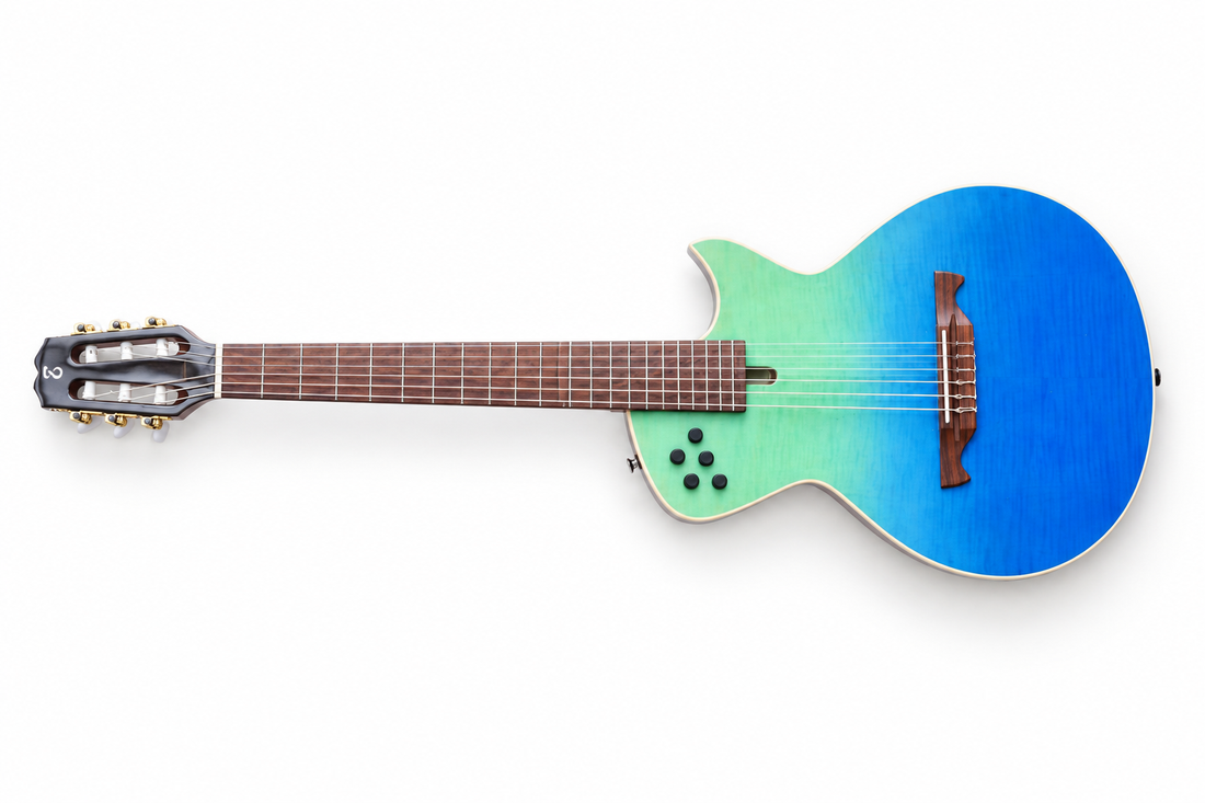 Tagima | Guitarra electroacústica Modena de 6 cuerdas de nylon slim – Transparent Blue Fade Gloss Gloss