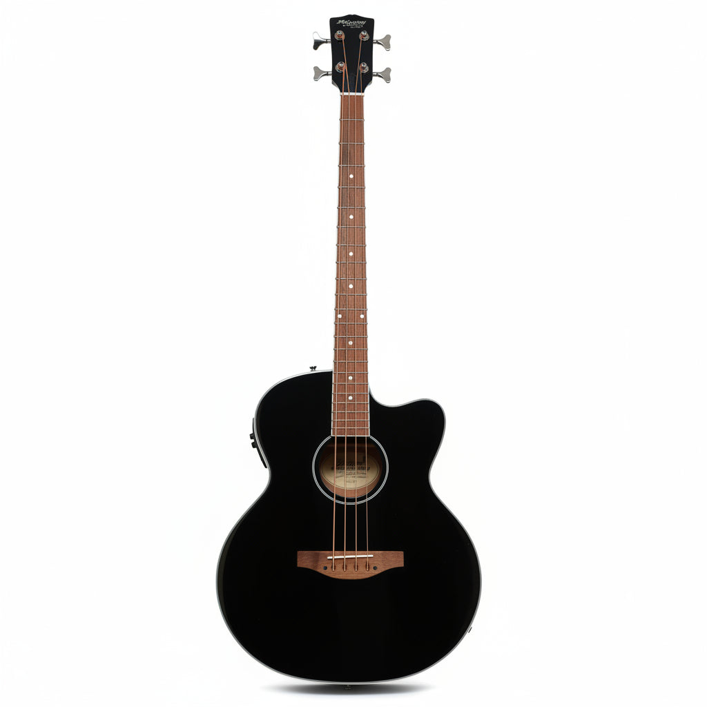 MUSICARTNEY | BAJO ELECTROACÚSTICO COLOR NEGRO, ALTO BRILLO,  STILO SUPER JUMBO, TAPA DE ABETO ROJO, CUERPO Y MASTIL DE CAOBA